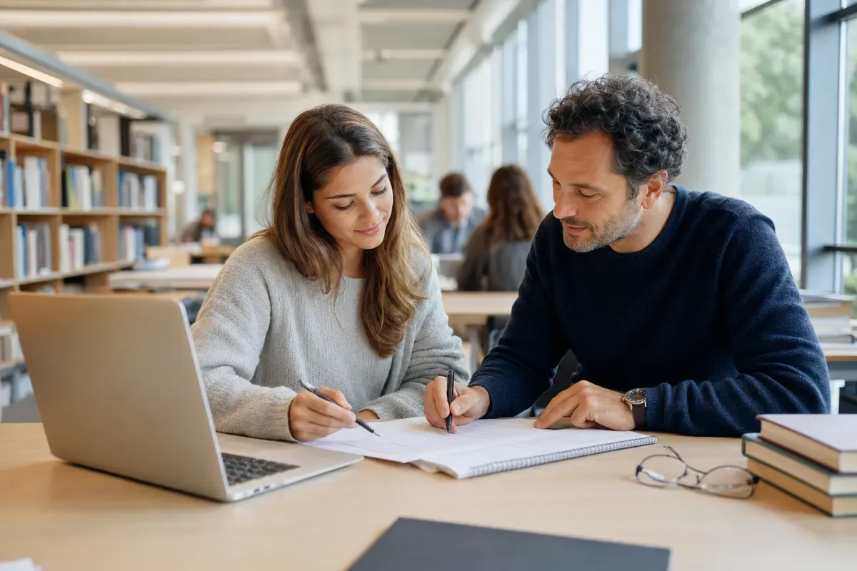 Student working on a bachelor's thesis with a coach reviewing the outline