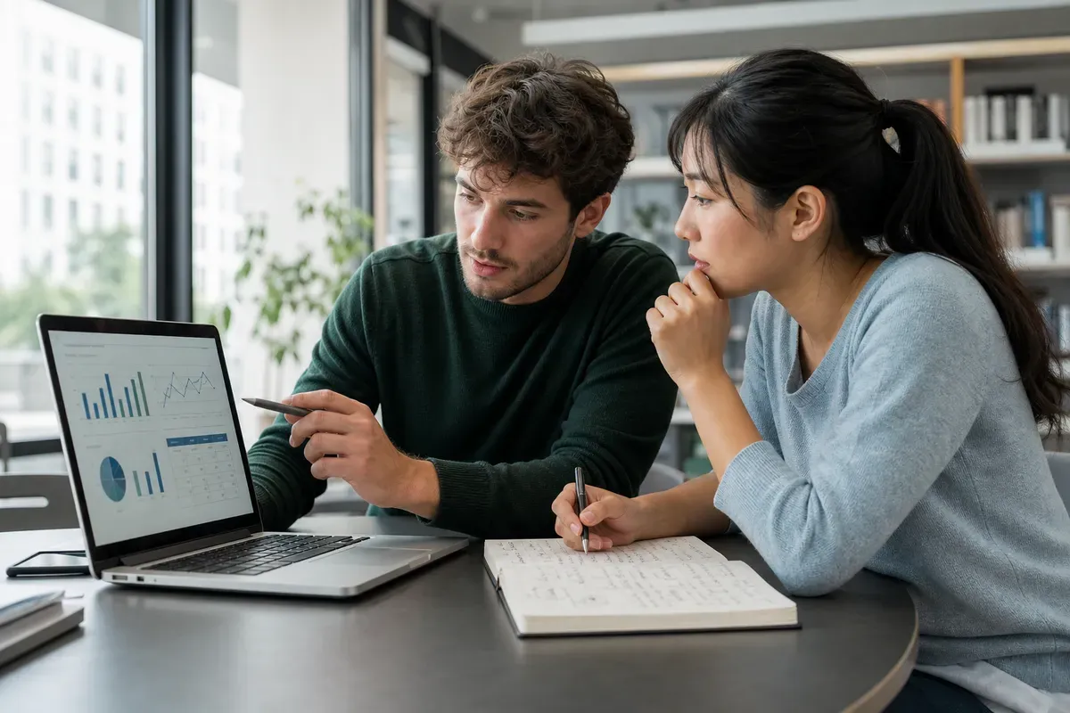 Researcher reviewing data analysis output with a statistics coach